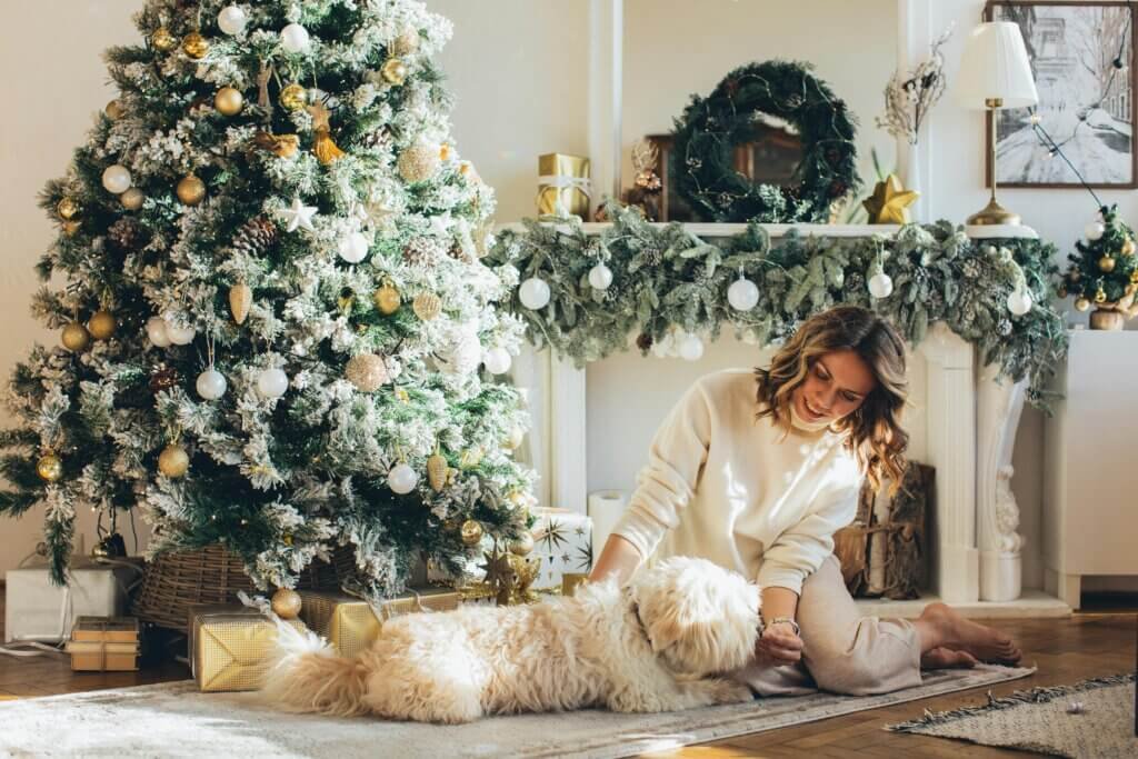 pexels-photo-5859777-5859777 A woman sitting with her dog by a decorated Christmas tree, enjoying the cozy holiday ambiance at home.